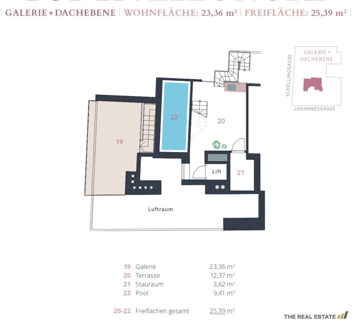Grundriss der Galerie- und Dachebene mit Pool, Stauraum und offenem Luftraum.