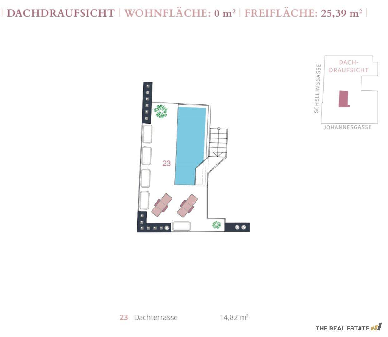 Dachdraufsicht mit großer Dachterrasse und Liegeflächen für Entspannung im Freien.