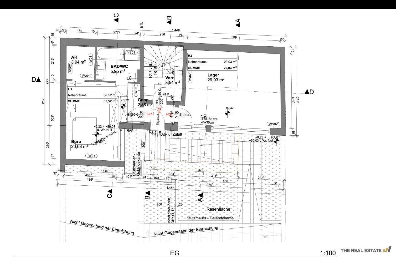 Grundriss des Erdgeschosses mit Büro, Bad und Lagerflächen sowie einer Rasenfläche im Außenbereich.