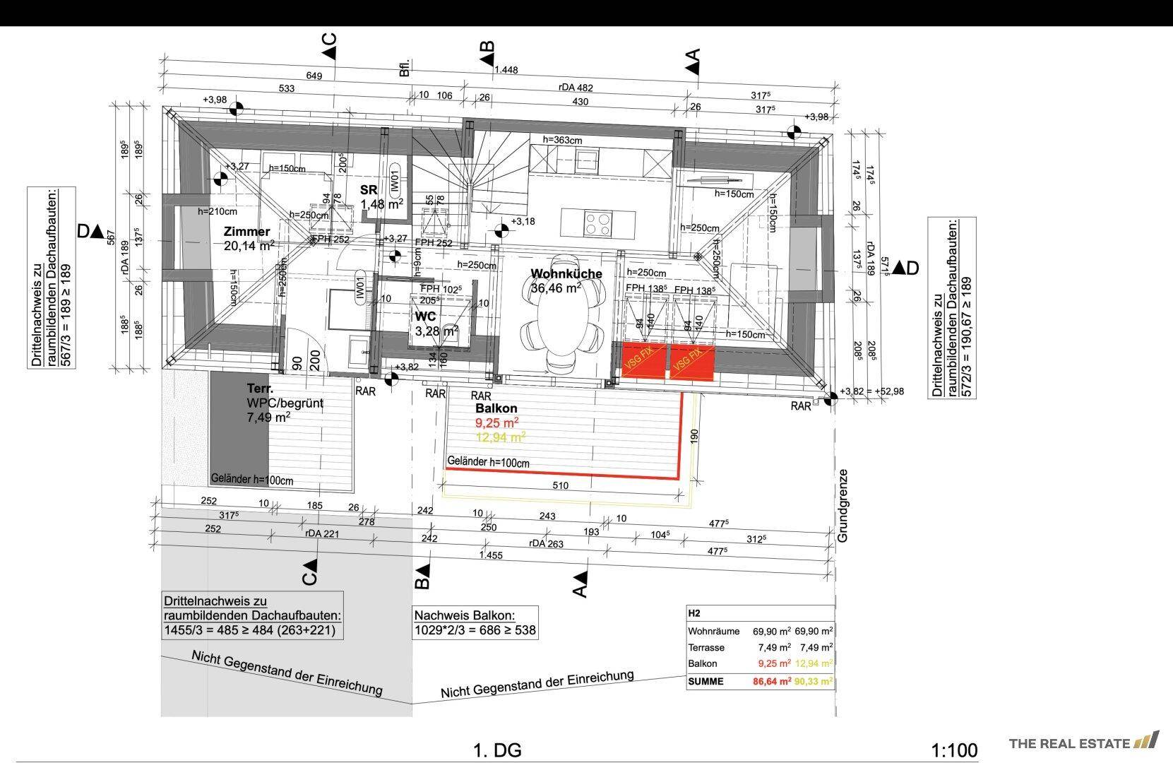 Grundriss des ersten Dachgeschosses mit Wohnküche, Schlafzimmer, Bad, WC, Balkon und Terrasse.