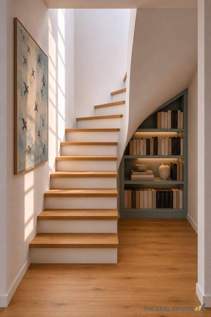 Elegantes Treppenhaus mit Holzstufen, integriertem Bücherregal und natürlichem Lichteinfall.