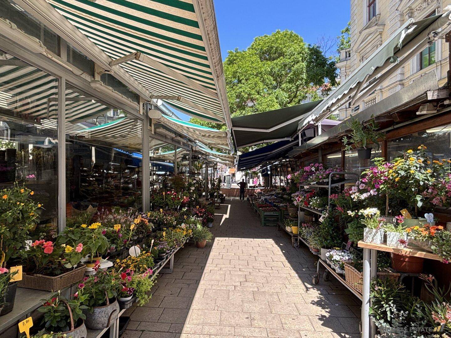 Lebhafter Blumenmarkt im Freien mit vielen Pflanzen und Markisen.