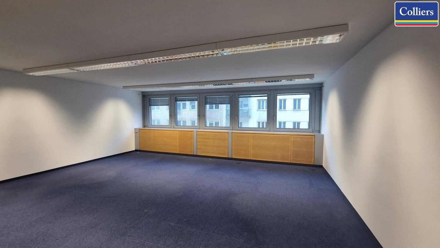Geräumiges Büro mit blauem Teppichboden und einer langen Fensterfront für viel Tageslicht.