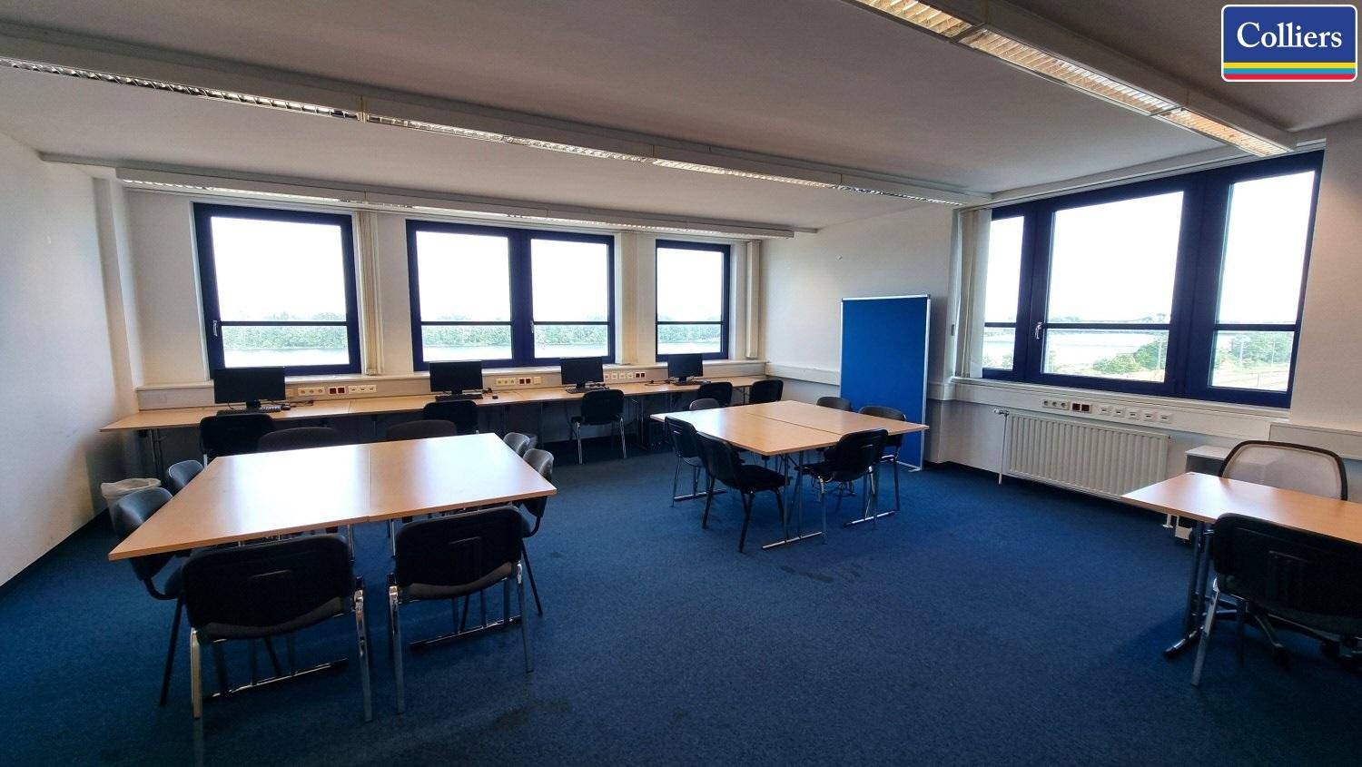 Großes Büro mit mehreren Tischen und Stühlen, blauer Teppichboden und vielen Fenstern für Tageslicht.