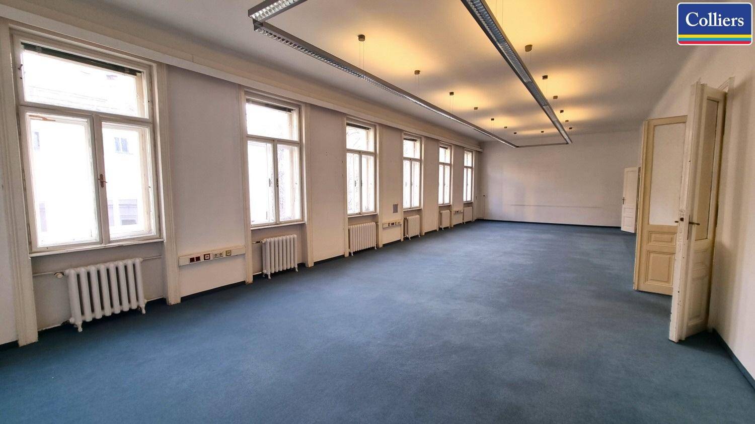 Geräumiges Büro mit blauem Teppichboden, vielen Fenstern und Deckenbeleuchtung.