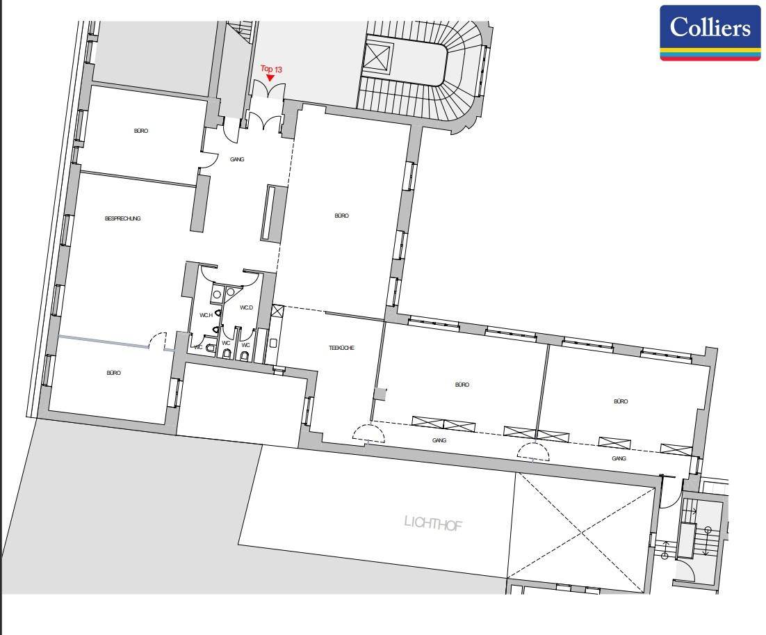 Grundriss einer Büroetage mit mehreren Büroräumen, Besprechungszimmer, Sanitäranlagen und einer Terrasse.