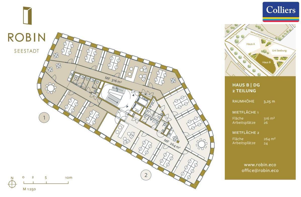 Grundriss des Dachgeschosses von Haus B, aufgeteilt in zwei separate Mietbereiche für Büros.