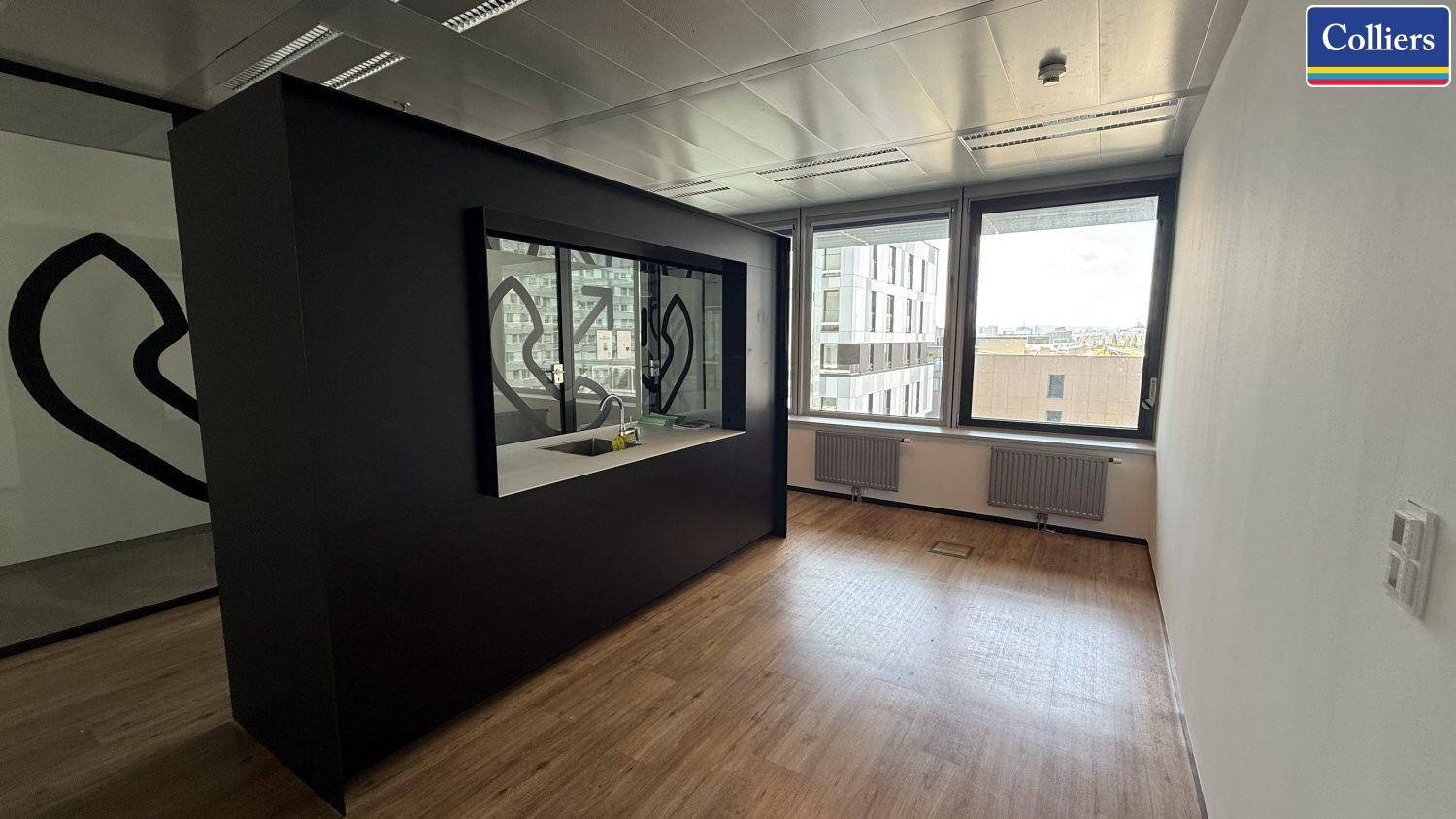 Kleine, moderne Küchenzeile in Schwarz mit Spüle und Holzfußboden.