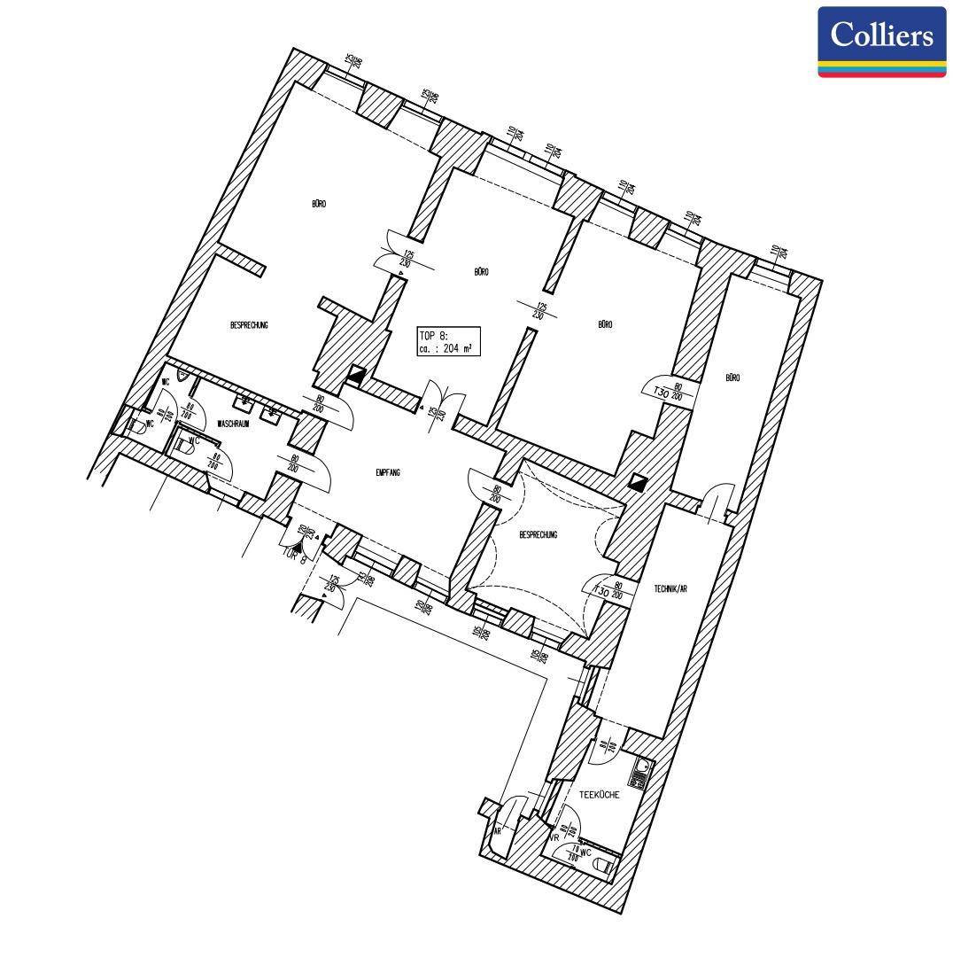 Grundriss einer Etage mit mehreren Räumen und einer Teeküche, Gesamtfläche ca. 204 m².