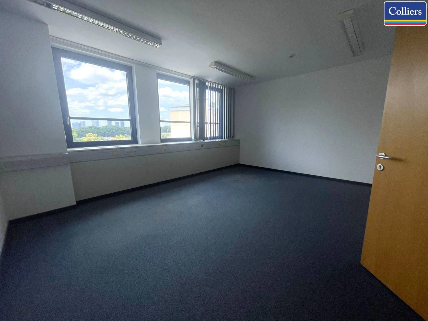 Leeres Büro mit dunklem Teppichboden, weißen Wänden und Fenstern mit Jalousien, bereit zur Einrichtung.