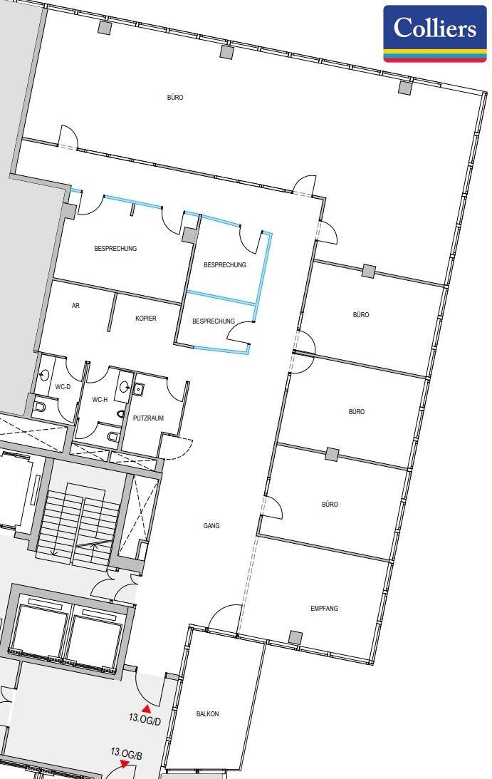 Detaillierter Grundriss einer Büroetage mit mehreren Büros, Besprechungsräumen und einem Balkon.