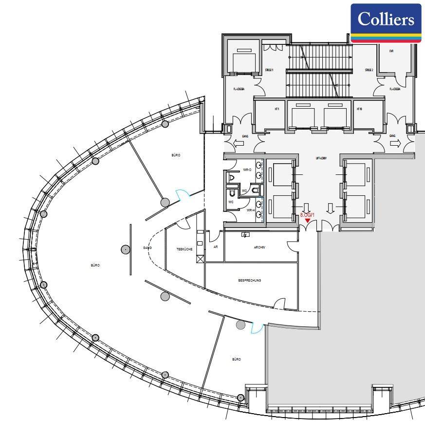 Detaillierter Grundriss einer Büroetage mit verschiedenen Büroräumen, Teeküche und Besprechungszimmer, der eine flexible Nutzung ermöglicht.