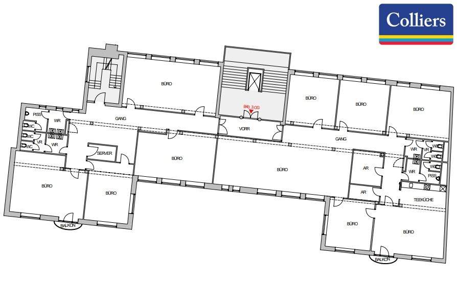 Grundriss einer Büroetage mit mehreren Büroräumen, Fluren, Toiletten, Balkonen und einer Terrasse.
