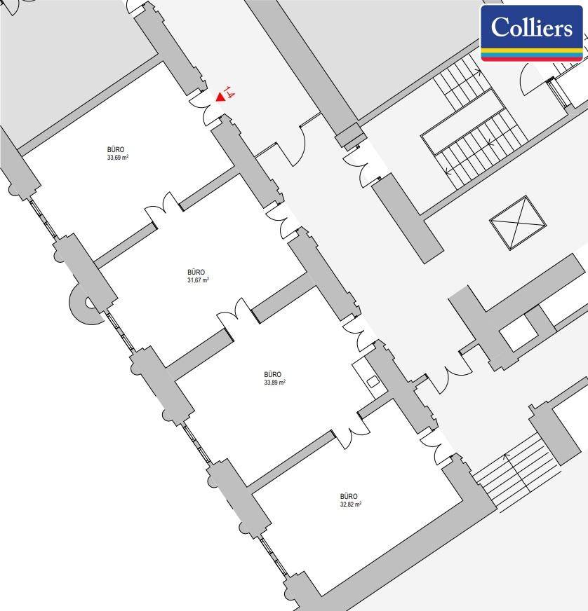 Grundrissplan zeigt mehrere Büroräume mit Treppenhaus und Flur, ideal für gewerbliche Nutzung.