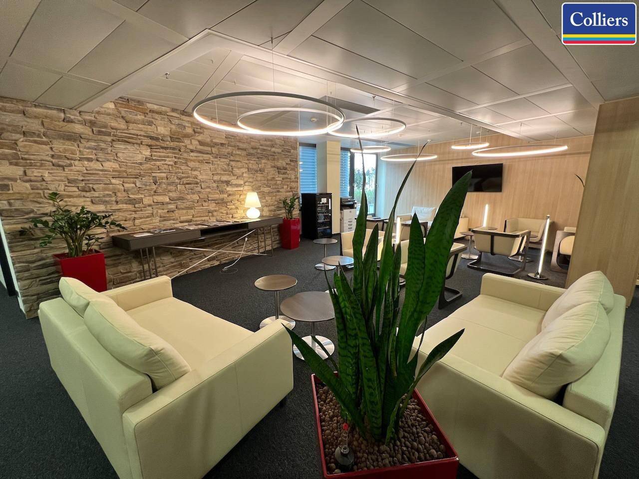Gemütlicher Loungebereich mit bequemen Sofas, Steinwandakzenten und modernen runden Deckenleuchten.