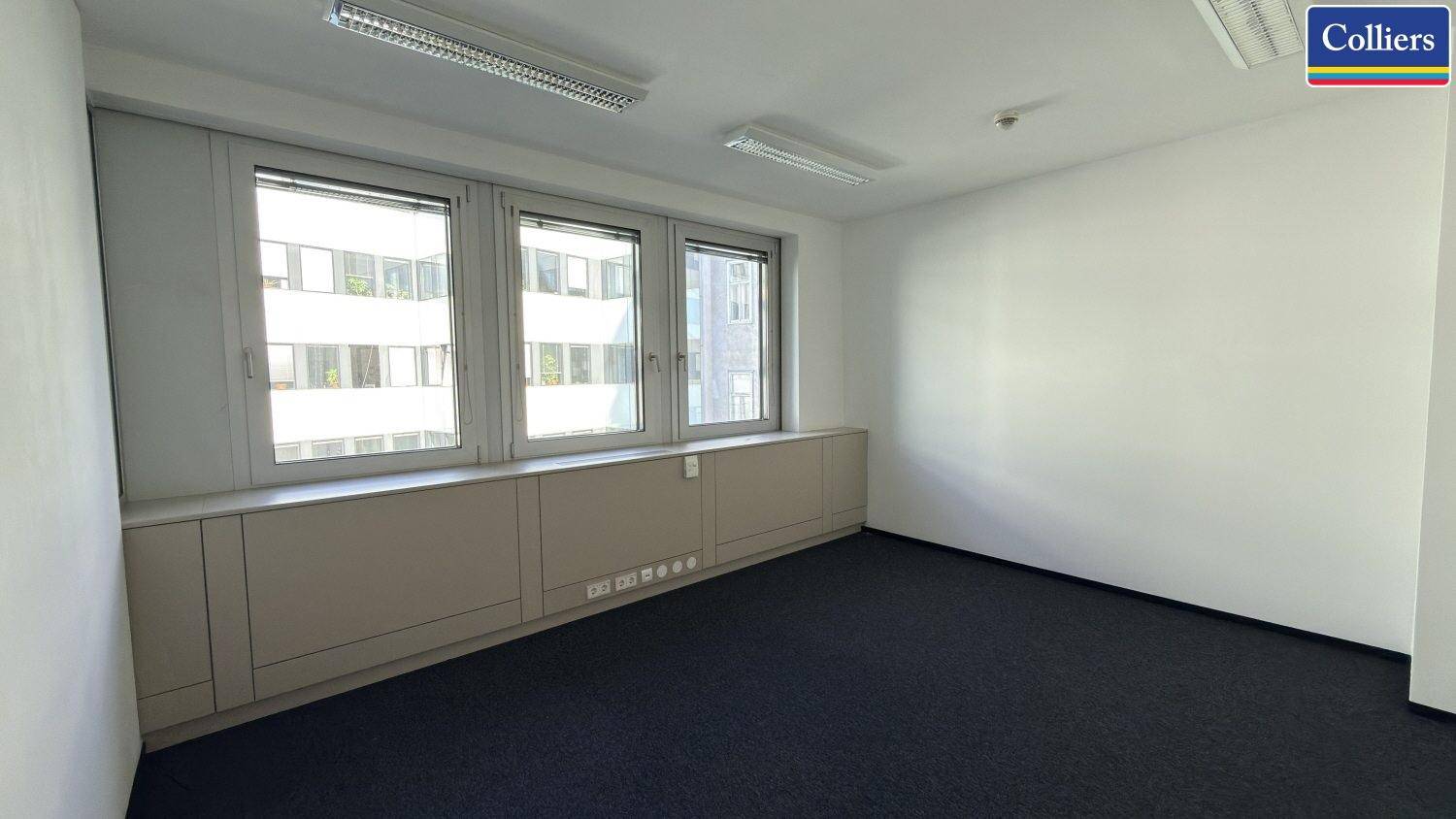 Modernes Einzelbüro mit Teppichboden und breiter Fensterfront, ideal für konzentriertes Arbeiten.