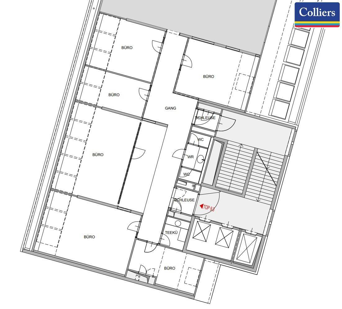 Grundriss einer Büroetage mit mehreren Büroräumen, Teeküche und Sanitäranlagen.