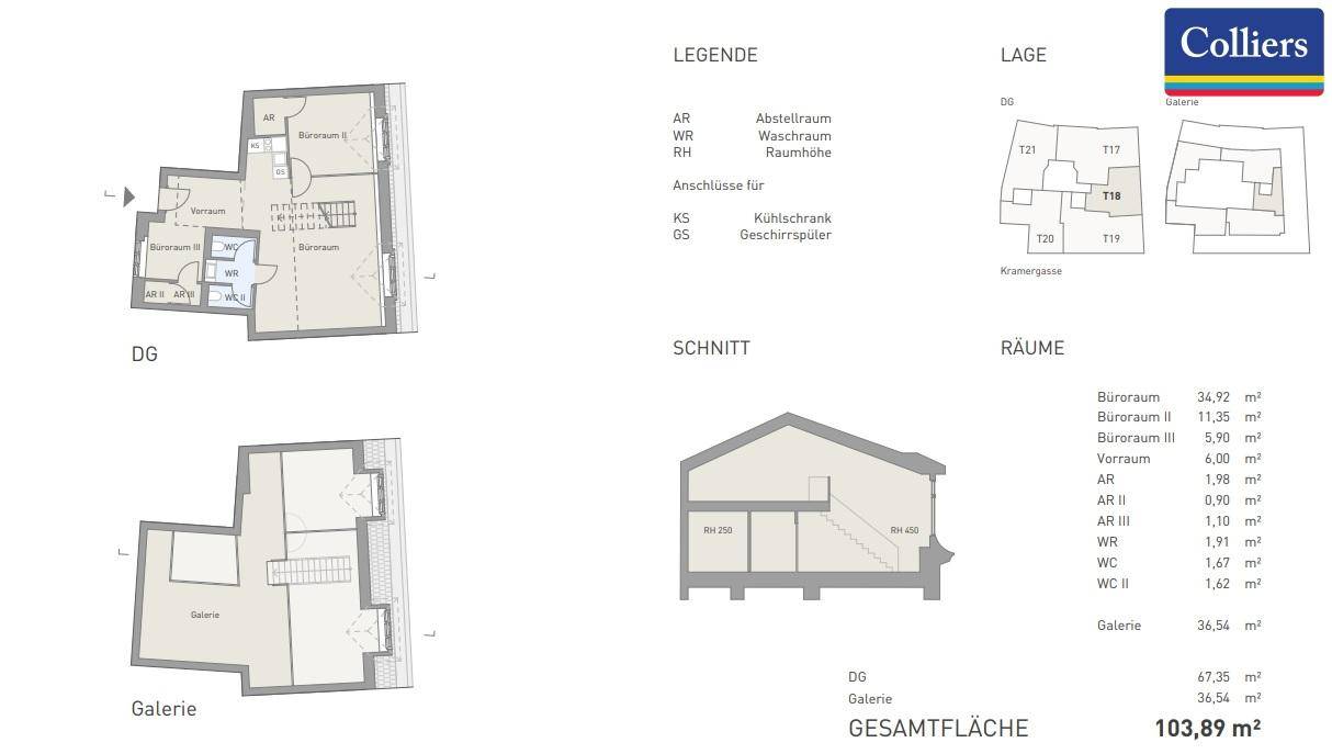 Grundriss mit Dachgeschoss und Galerie, inklusive Schnittansicht und Flächenangaben.