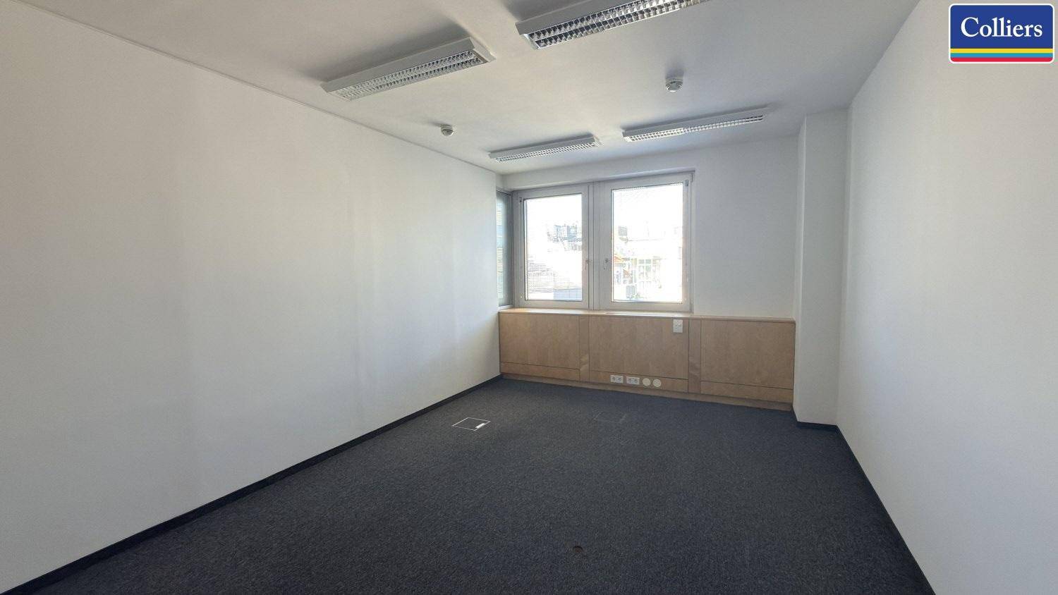 Helles Büro mit Teppichboden, weißen Wänden und zwei Fenstern, die Tageslicht hereinlassen.