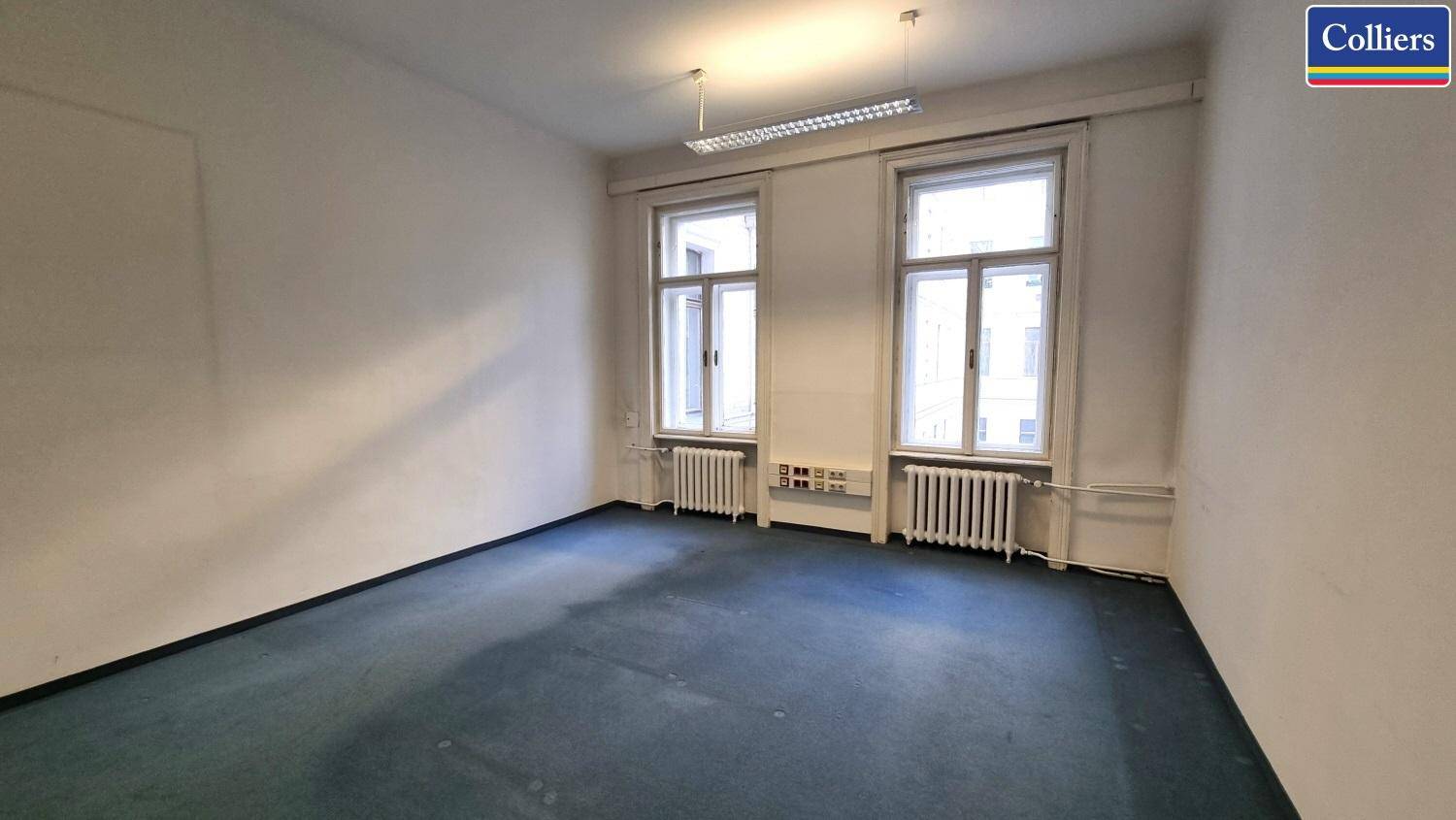Helles Einzelbüro mit blauem Teppichboden und zwei großen Fenstern.
