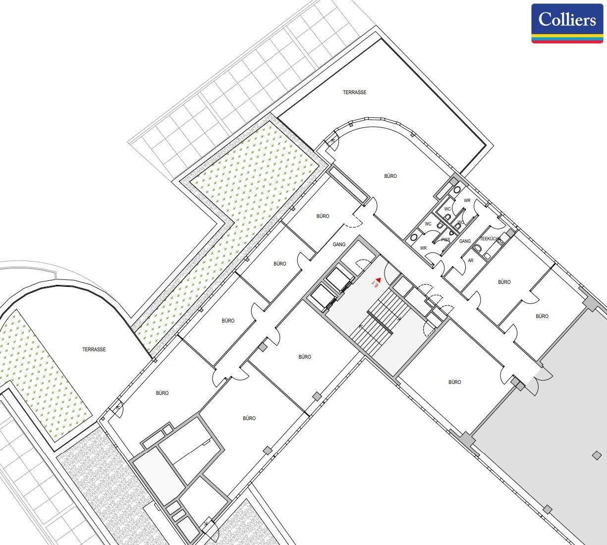 Grundrissplan einer Büroetage mit mehreren Büros und Terrassenbereichen.