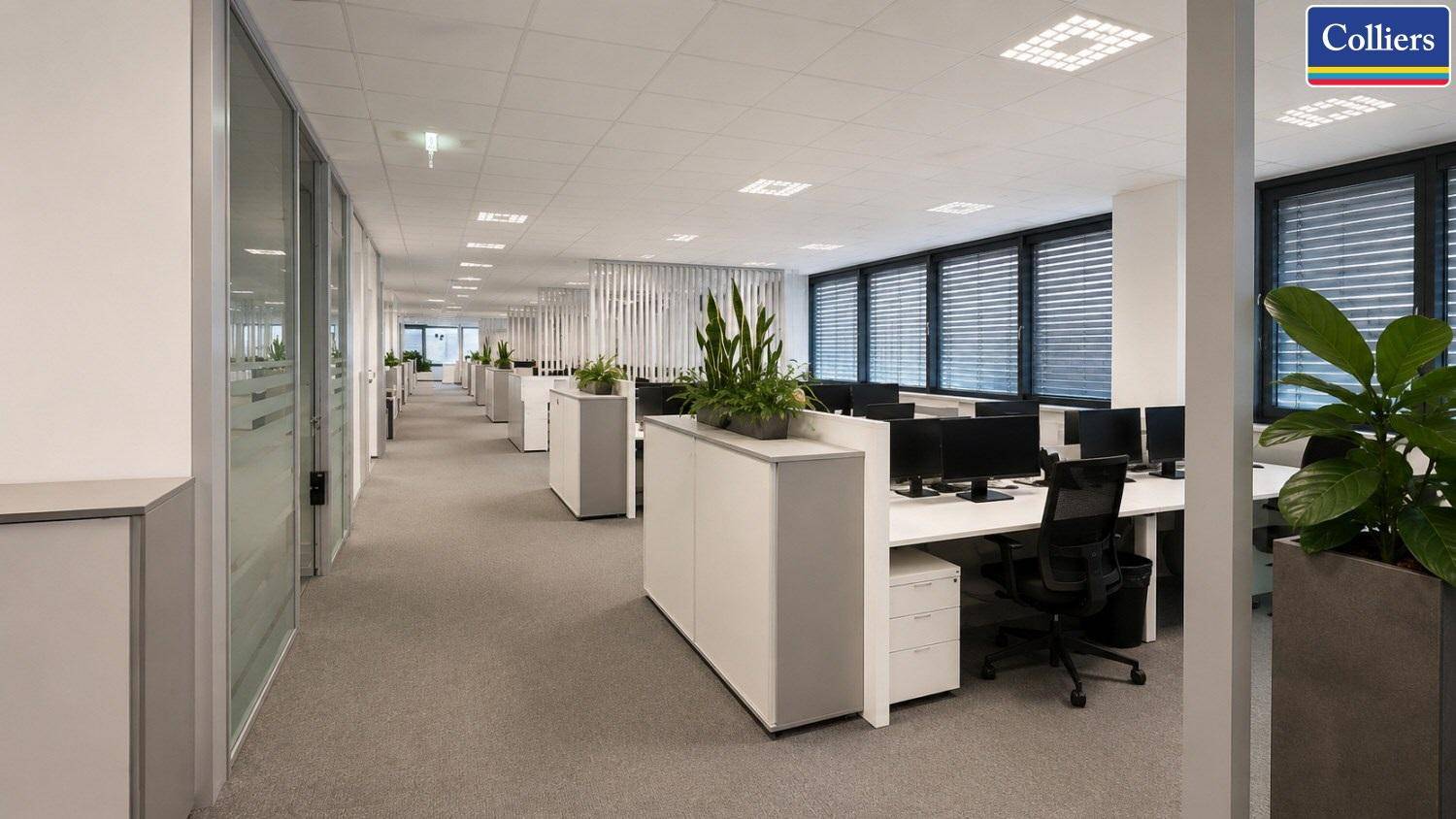 Heller Großraumbüro mit vielen Arbeitsplätzen, Pflanzen und Glaswänden, fördert eine offene Arbeitsatmosphäre.