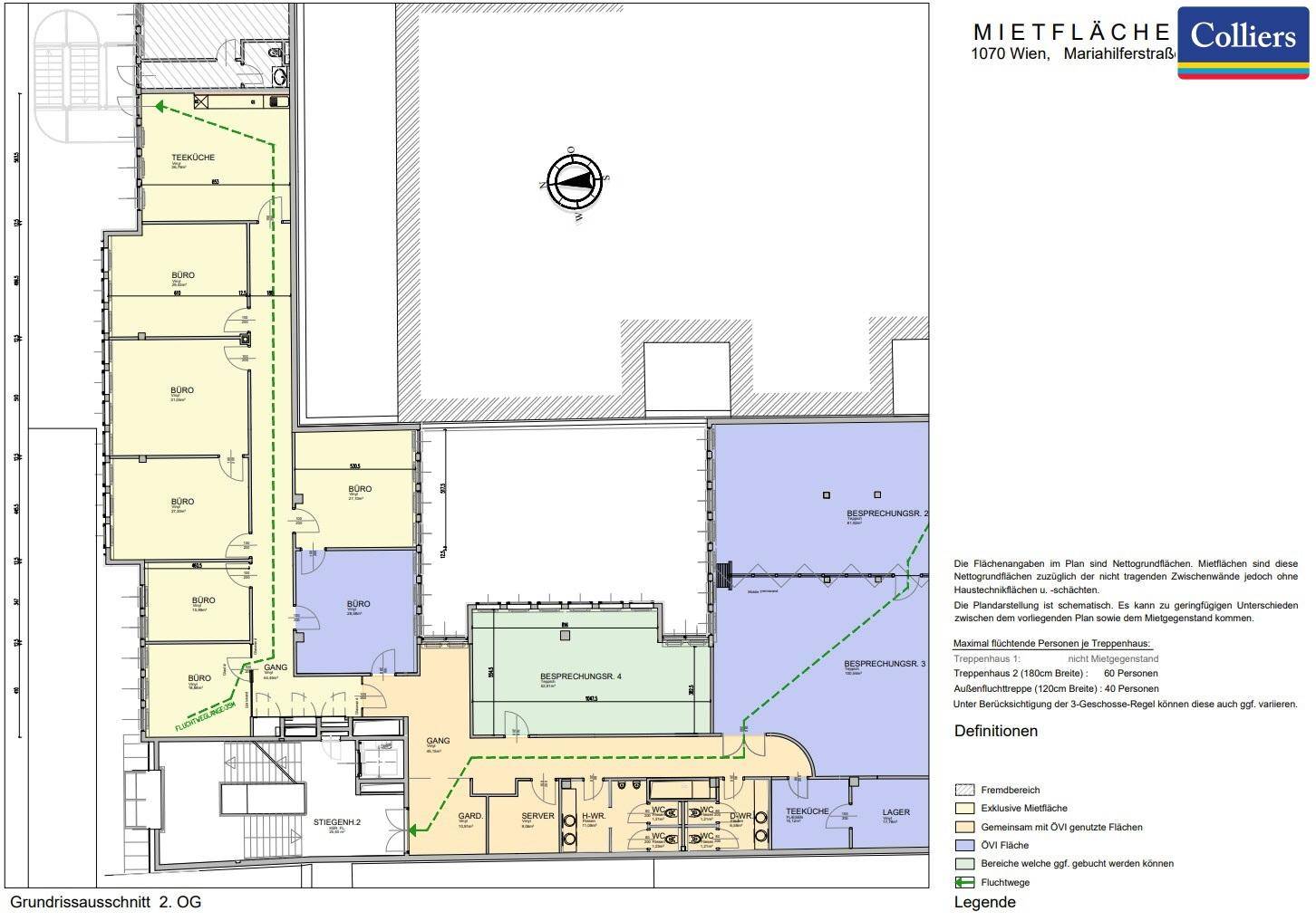 Detaillierter Grundriss des 2. Obergeschosses mit Büroräumen, Besprechungszimmern und Gängen.