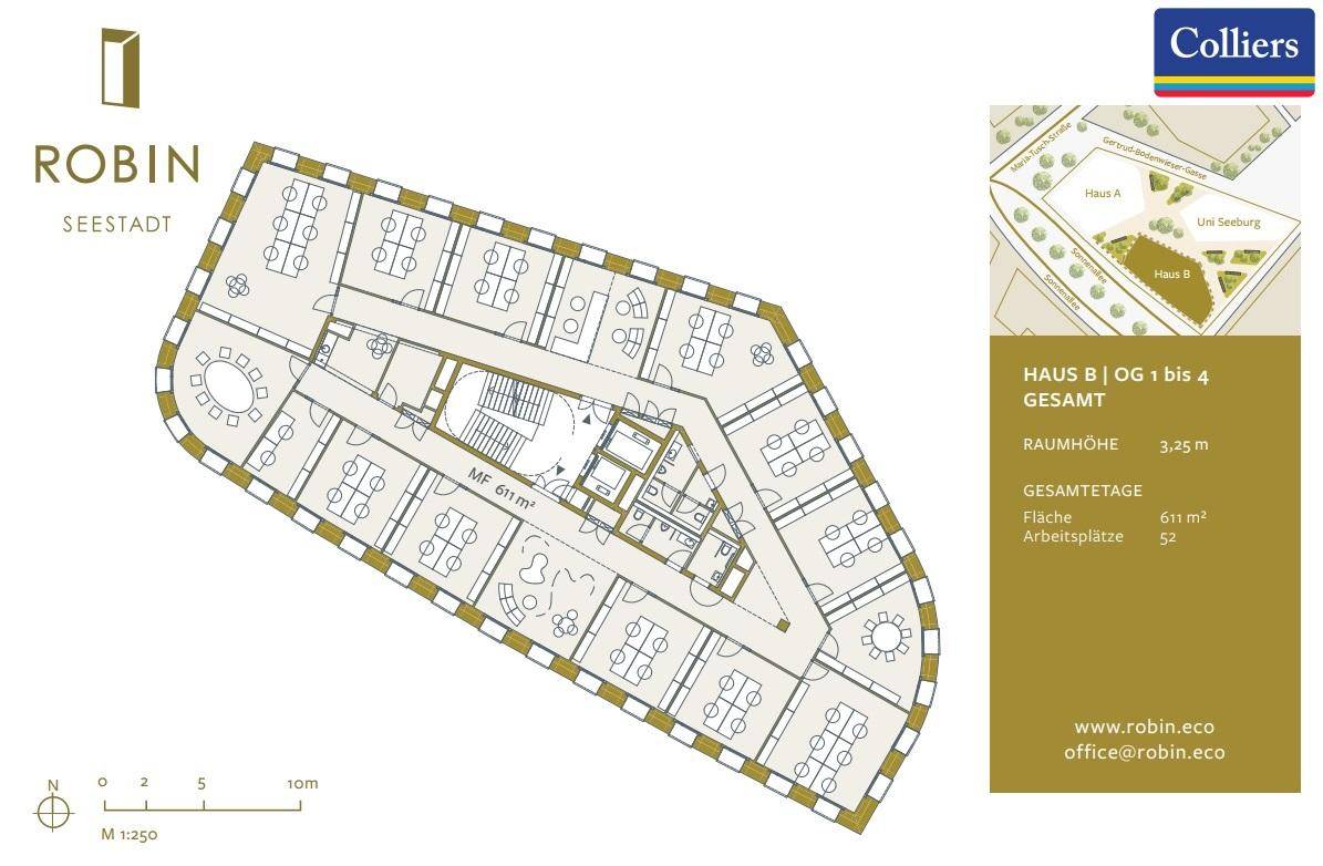 Gesamtgrundriss der Obergeschosse 1 bis 4 von Haus B, konzipiert als offene Bürofläche.