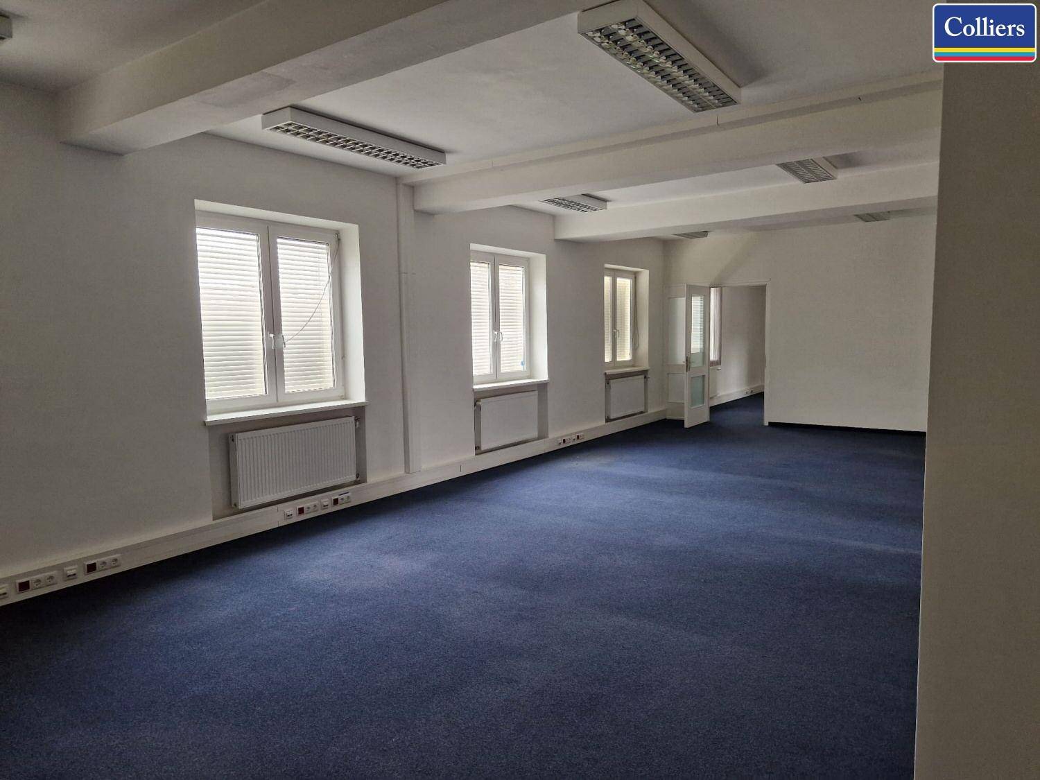 Großes, leeres Büro mit blauem Teppichboden, mehreren Fenstern und Deckenbeleuchtung.