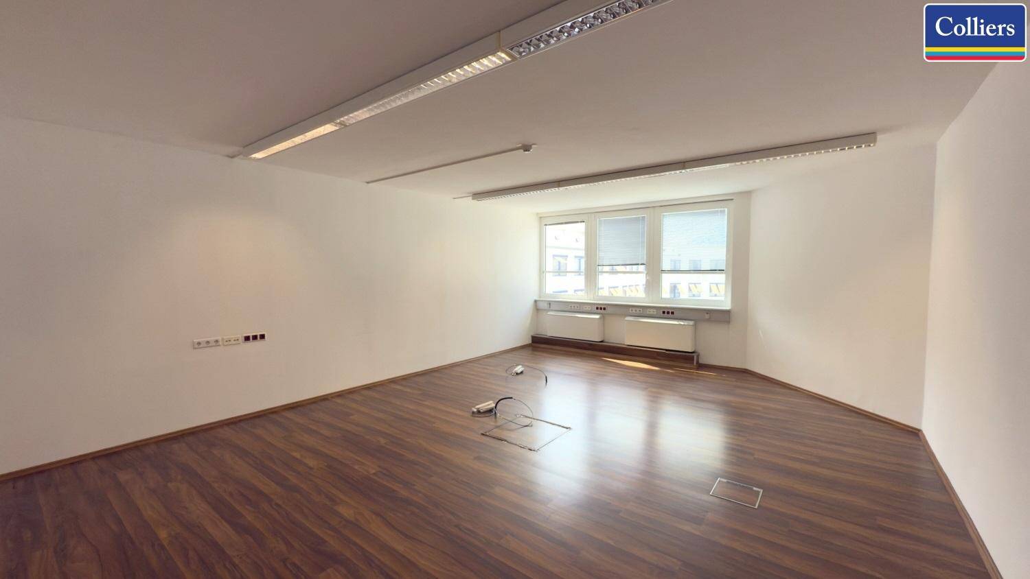 Großes Büro mit Holzboden und mehreren Fenstern, die für eine helle und offene Atmosphäre sorgen.