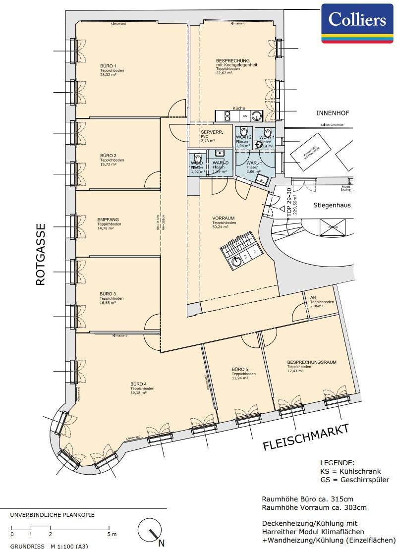 Detaillierter Grundriss mit mehreren Büroräumen, Empfangsbereich und Teeküche, inklusive Maßen.