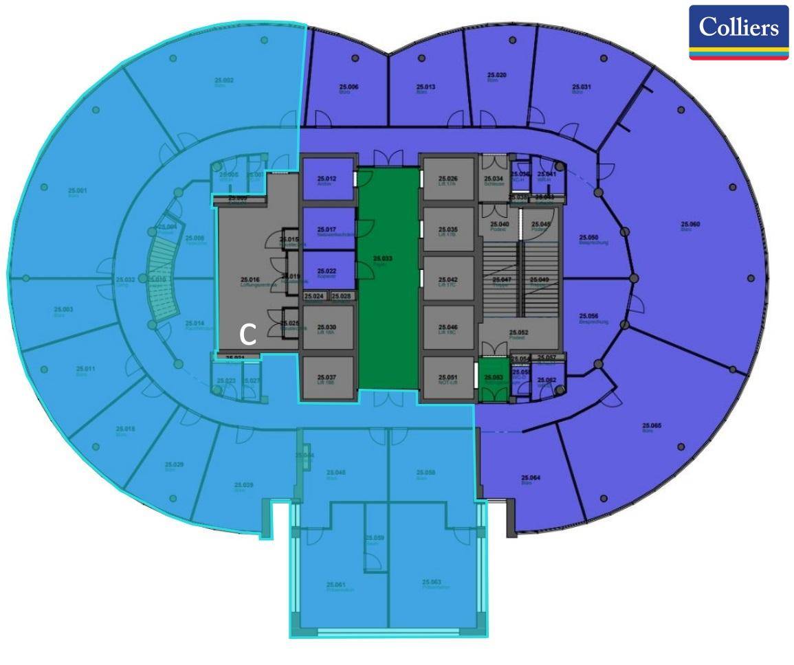 Grundriss einer Etage mit kreisförmigem Layout und verschiedenen Bürobereichen.