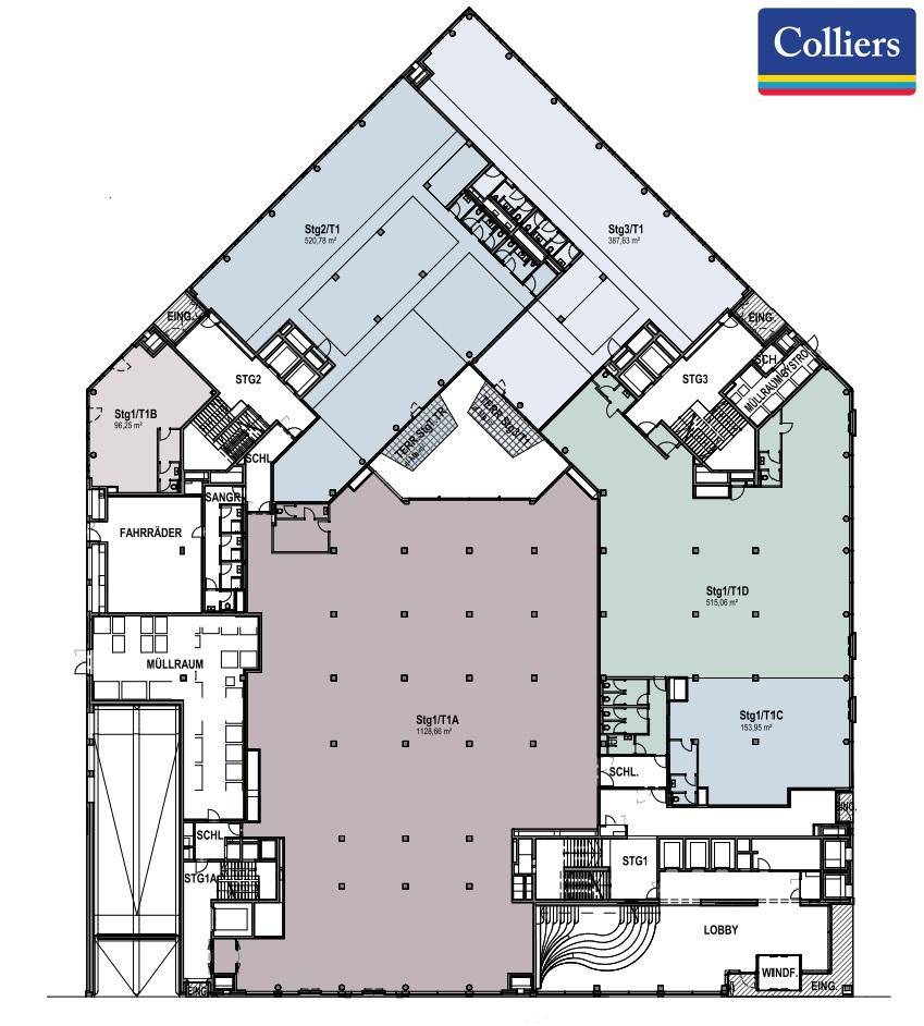 Grundriss eines Bürogeschosses mit mehreren Mietbereichen, Treppenhäusern und einer zentralen Lobby.