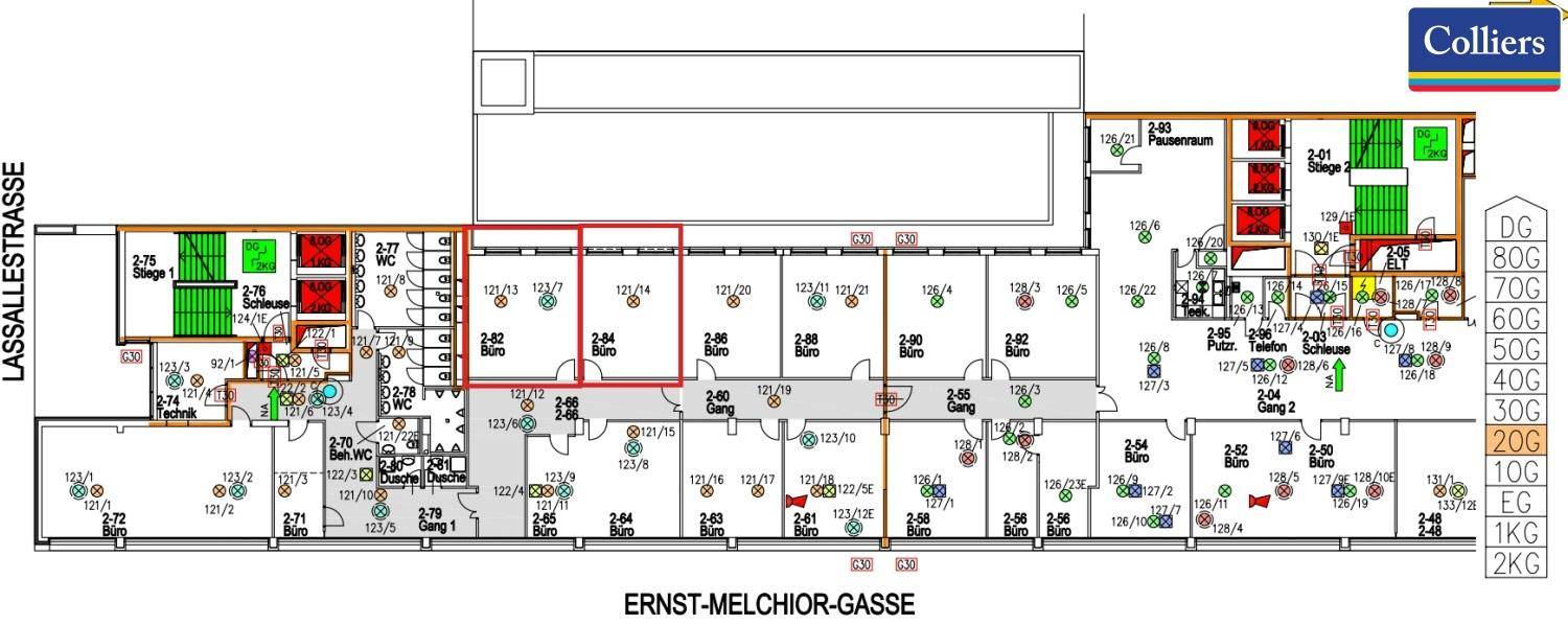 Detaillierter Grundriss eines Bürogebäudes mit verschiedenen Büroeinheiten und Gemeinschaftsbereichen.