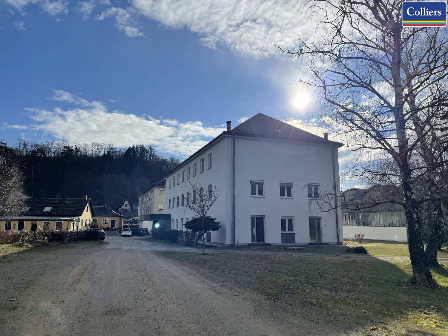 Mehrstöckiges Gebäude in ländlicher Umgebung mit Bäumen und einem sonnigen Himmel.