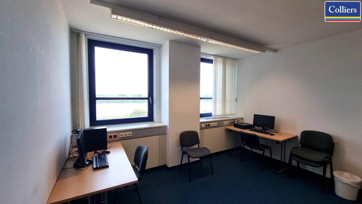 Helles Büro mit mehreren Arbeitsplätzen, blauer Teppichboden und Fenstern mit Blick nach draußen.