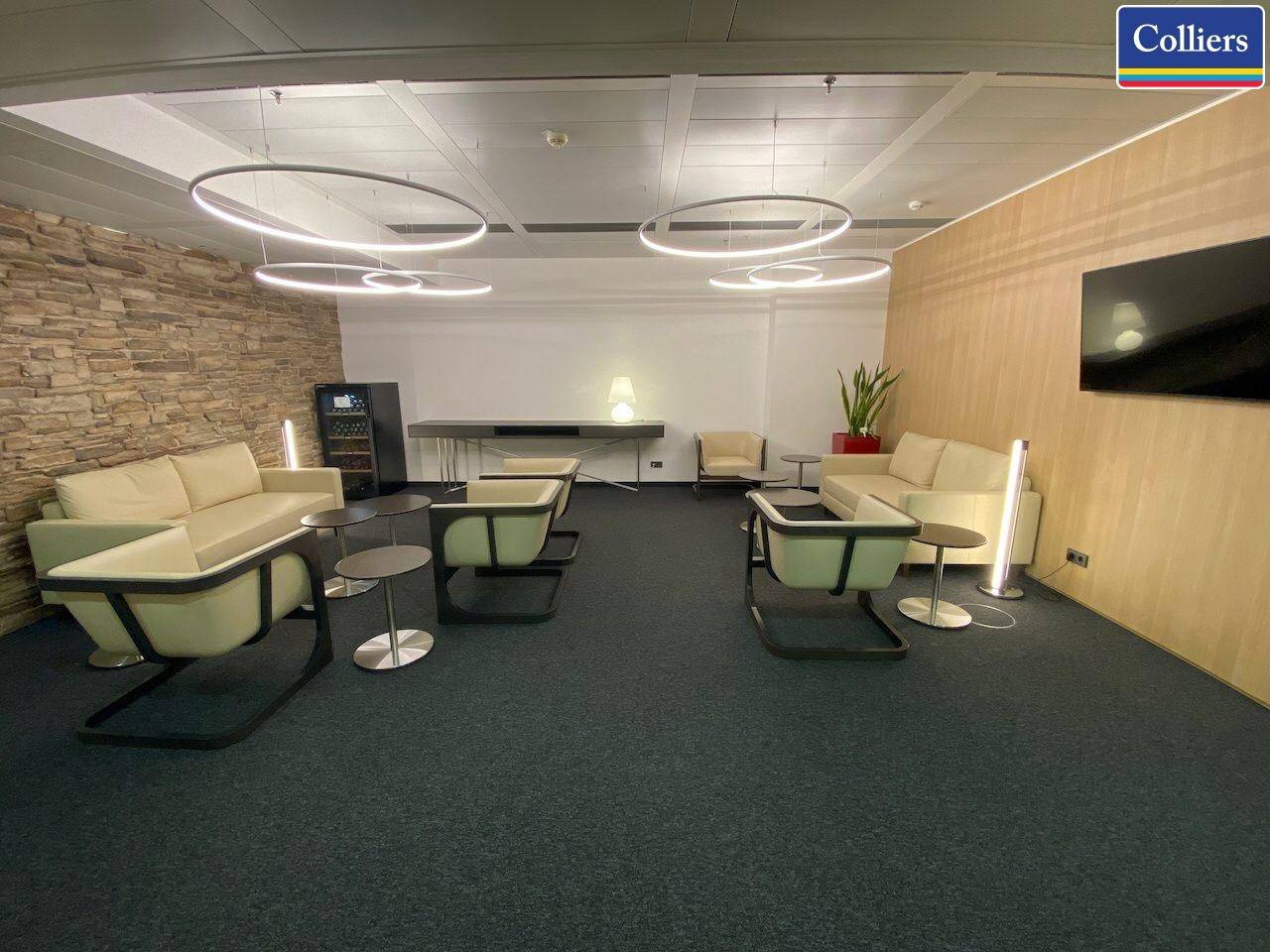 Geräumiger Loungebereich mit bequemen Sofas, Steinwandakzenten und modernen runden Deckenleuchten.
