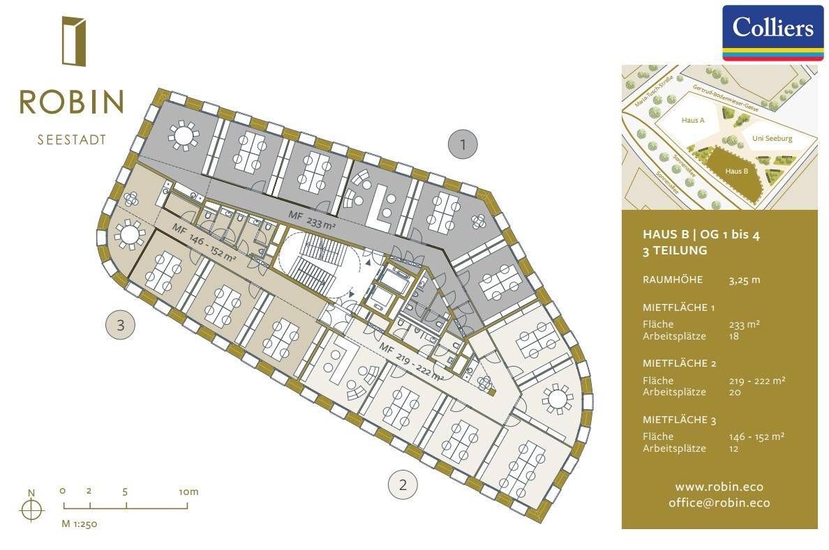 Grundriss der Obergeschosse 1 bis 4 von Haus B, aufgeteilt in drei separate Mietbereiche.