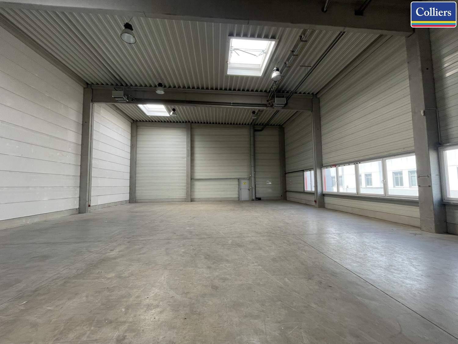 Geräumige Lagerhalle mit Betonboden, Rolltoren und Oberlichtern für natürliche Beleuchtung, leer und sauber.