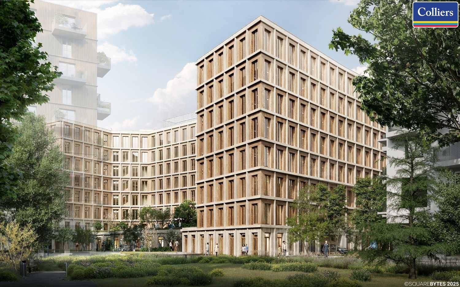Zeitgenössisches Gebäude mit markanter Fassade, umgeben von viel Grün und Bäumen in einer städtischen Umgebung.
