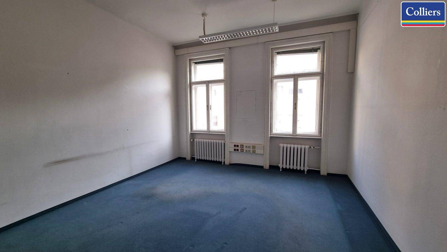 Leeres Büro mit blauem Teppichboden, zwei Fenstern und Deckenbeleuchtung.