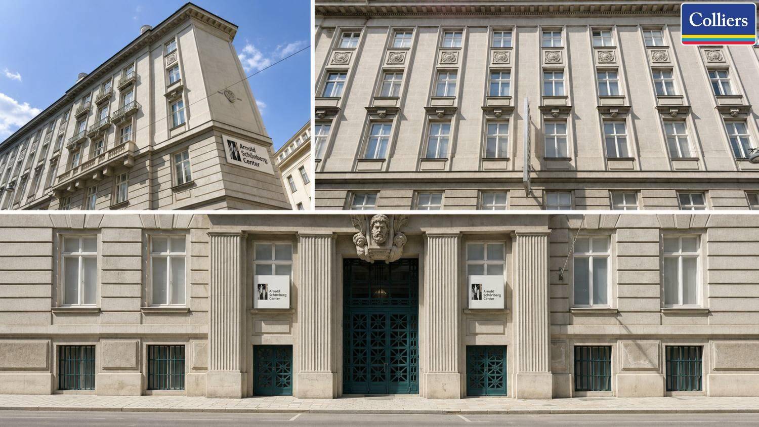 Historisches Gebäude mit klassischer Fassade, großen Fenstern und einem markanten Eingangsbereich.