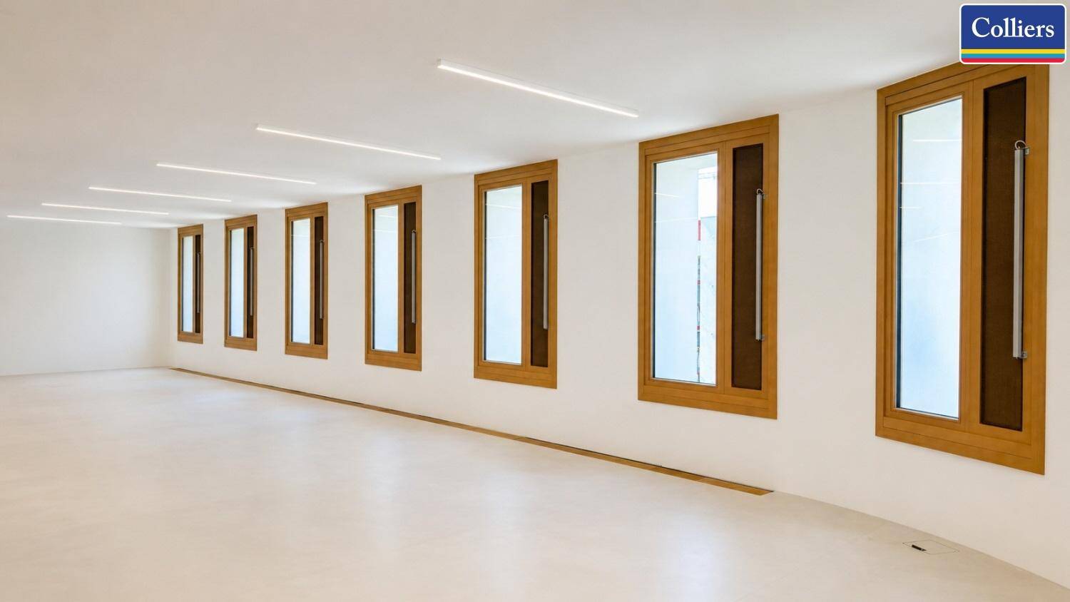 Heller und leerer Büroraum mit einer langen Fensterfront, die viel Licht spendet.