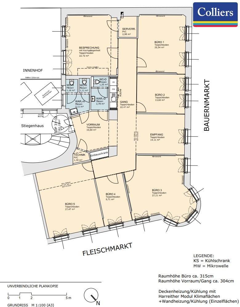 Alternativer Grundriss mit flexibler Raumaufteilung für Büros, Empfang und Sanitärbereiche.