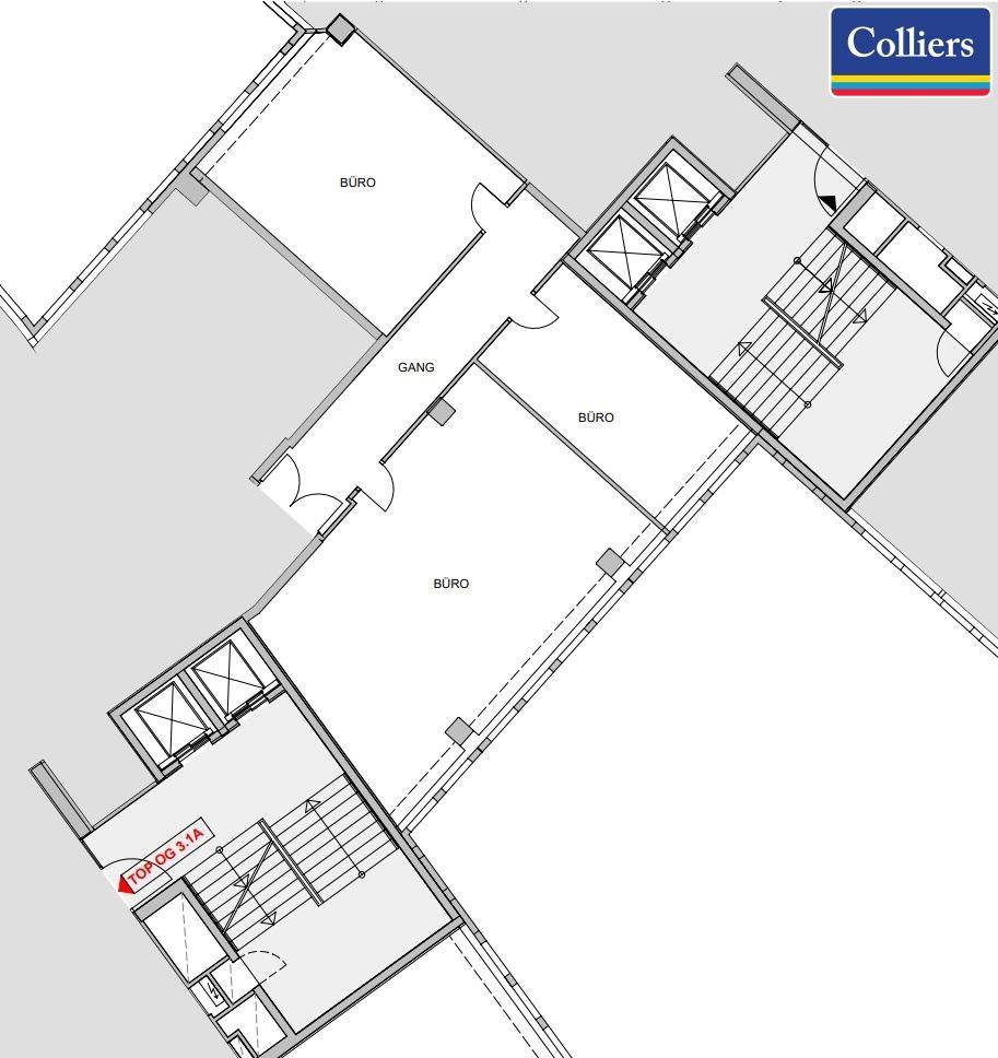 Ausschnitt eines Büro-Grundrisses mit mehreren Räumen, Flur und Treppenhaus, zeigt die Raumaufteilung.