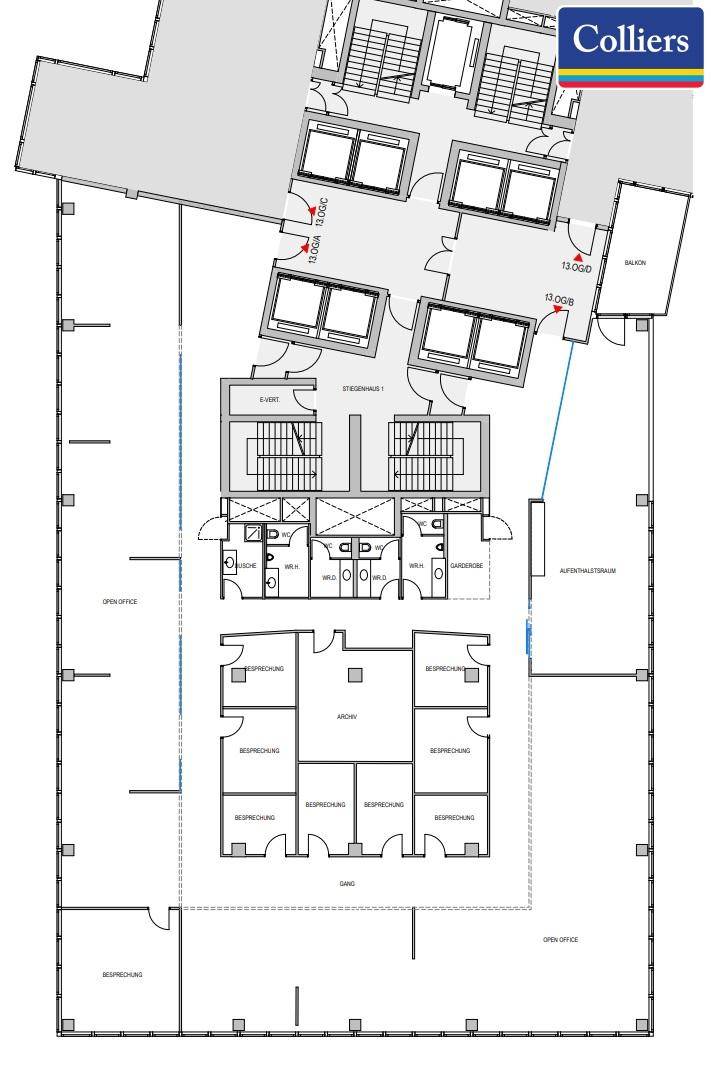 Detaillierter Grundriss einer Büroetage mit offenen Bereichen, Besprechungsräumen und Sanitäranlagen.