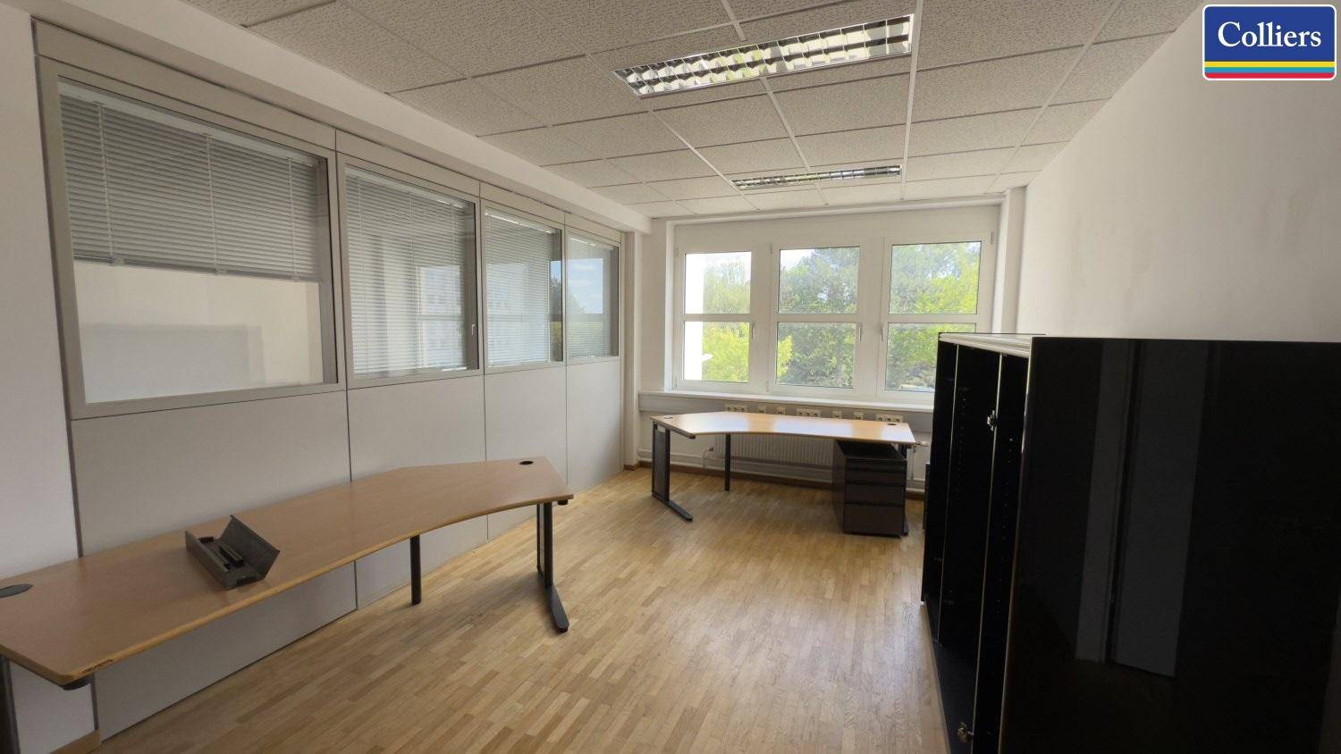 Geräumiges Büro mit Holzparkett, großen Fenstern und flexiblen Arbeitsbereichen, ausgestattet mit Schreibtischen.