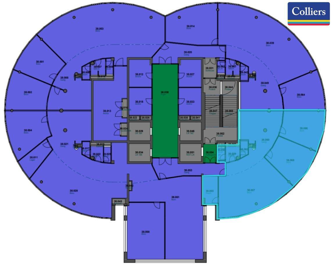 Grundriss einer Etage mit kreisförmigem Layout und verschiedenen Bürobereichen.