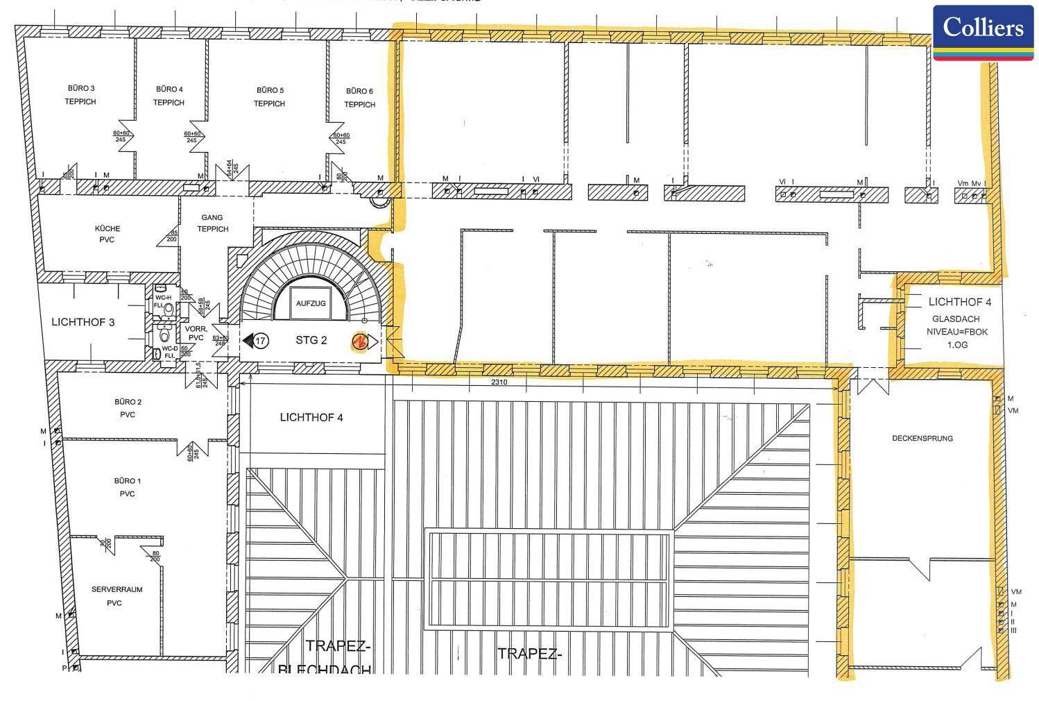 Detaillierter Grundriss mit Büroräumen, Küche, Serverraum und Lichthöfen.