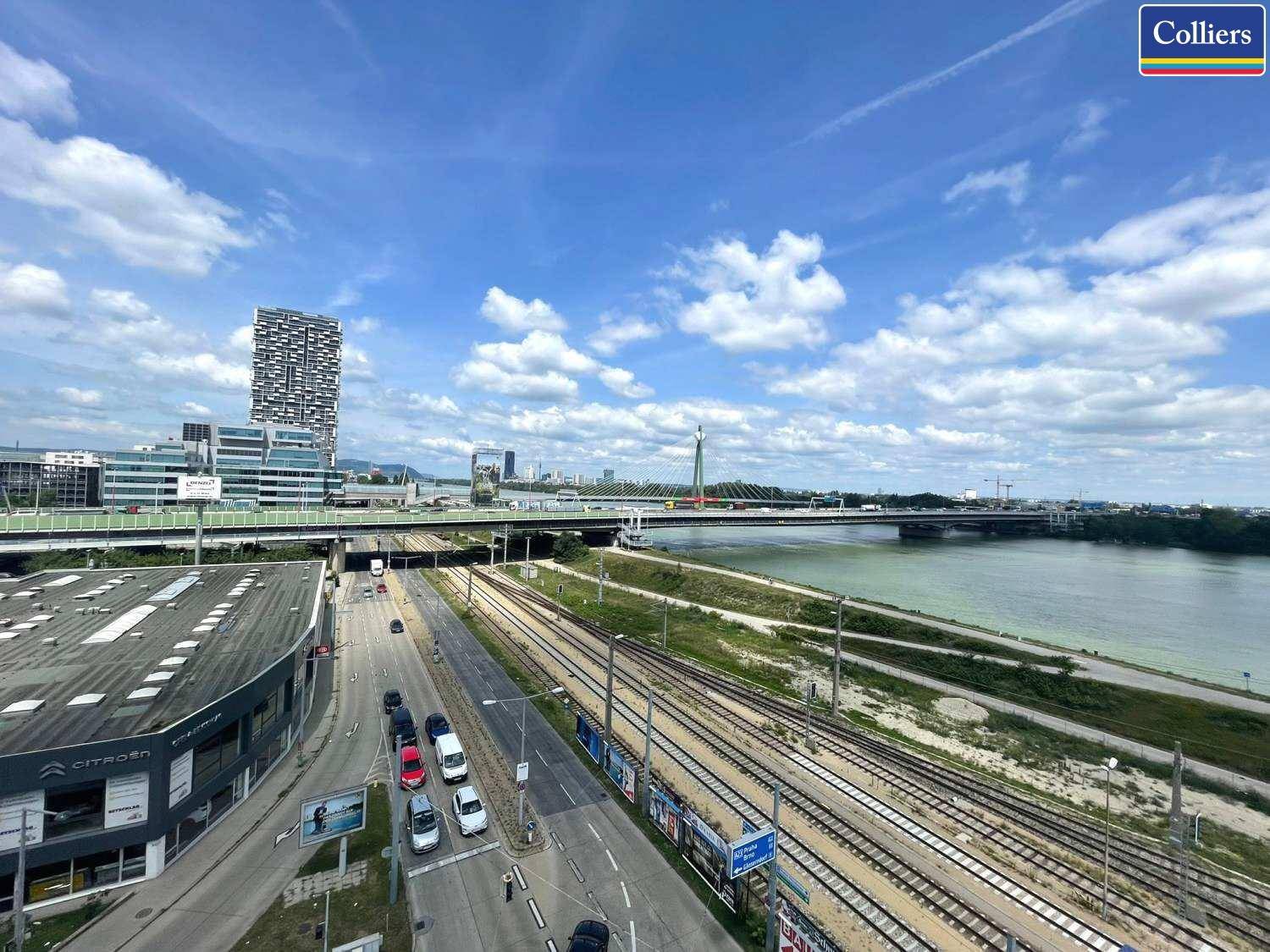 Weitläufige Stadtansicht mit Fluss, Brücke, Straßen und Bahngleisen unter einem weiten Himmel.